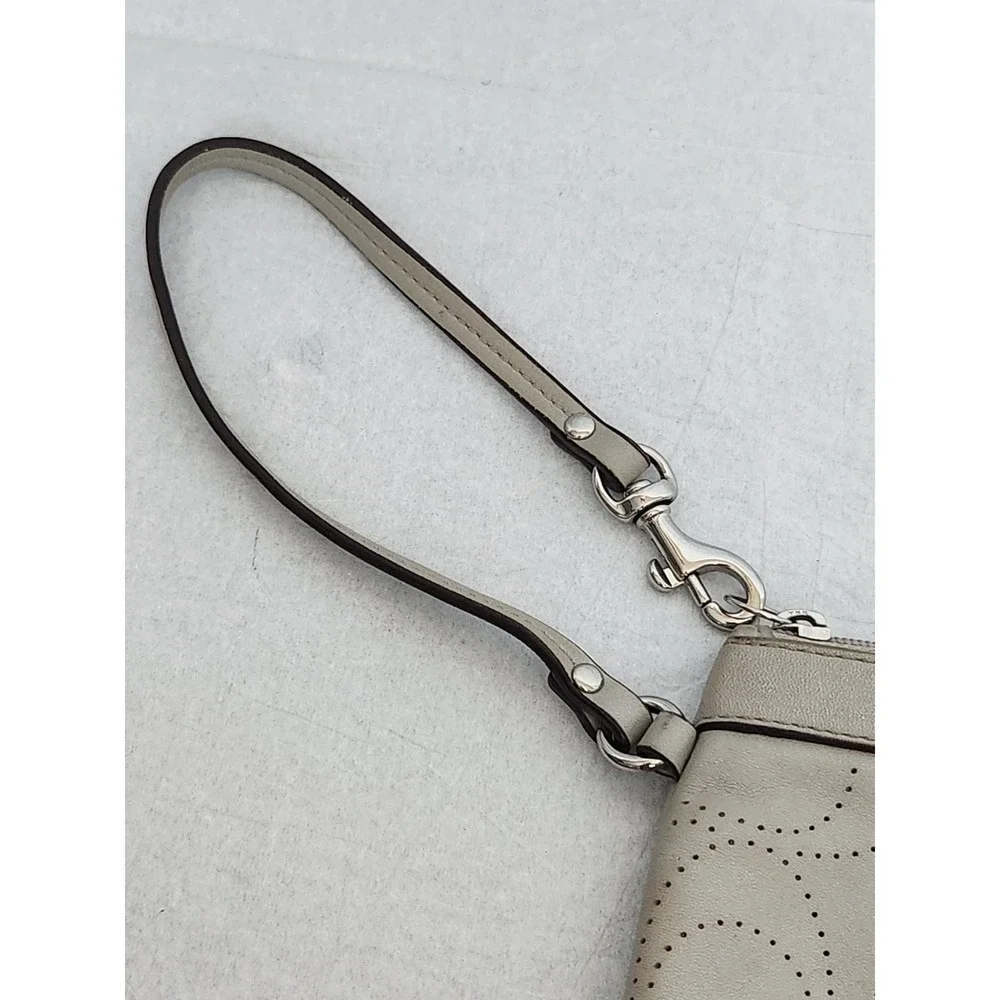 Coach Leather Punched C Logo Signature Wristlet Pouch Clutch Taupe Gray